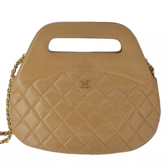CHANEL Matelasse Chain Hand Bag Lamb Skin 2way Brown Gold CC Auth PP128 - Picture 1 of 16